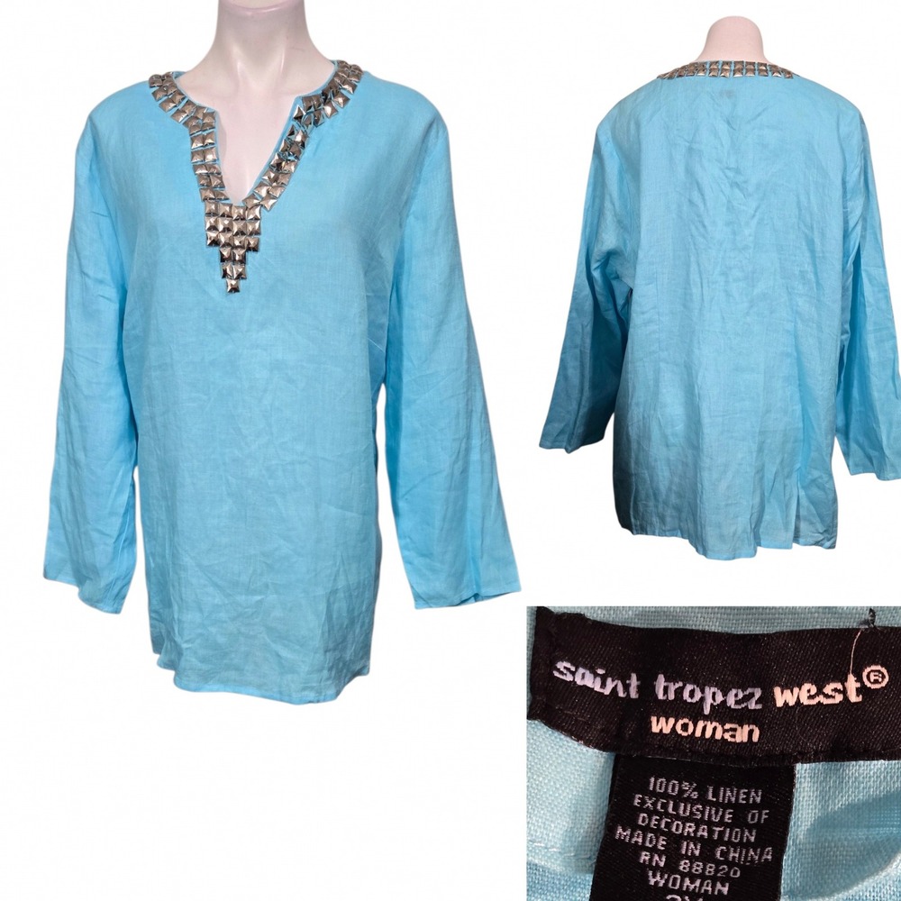Saint Tropez West Woman Light Blue 100% Linen Studded V-Neck Tunic Top 2X